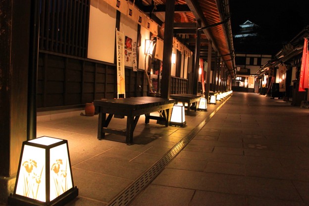 夜の桜の馬場城彩苑